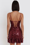 Vestido de cóctel corto con tirantes finos de lentejuelas burdeos bodycon tirantes finos