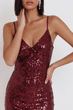 Vestido de cóctel corto con tirantes finos de lentejuelas burdeos bodycon tirantes finos