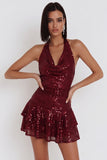 Vestido de cóctel corto sin espalda con volantes burdeos burdeos con lentejuelas