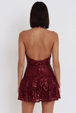 Vestido de cóctel corto sin espalda con volantes burdeos burdeos con lentejuelas
