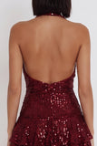 Vestido de cóctel corto sin espalda con volantes burdeos burdeos con lentejuelas