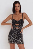 Vestido de cóctel corto corto con cuentas recortado y recortado bodycon tirantes