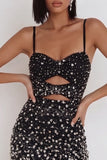 Vestido de cóctel corto corto con cuentas recortado y recortado bodycon tirantes