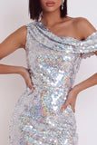 Vestido de cóctel Bodycon asimétrico de un solo hombro con lentejuelas plateadas brillantes