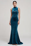 Corsé azul pavo real Sirena con cuello alto y vestido largo de terciopelo con pedrería