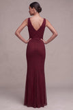 Vestido formal Maxi de cuello de sirena burdeos con cuello de cuentas