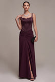Corsé burdeos funda, vestido formal Maxi fruncido y cuello cuadrado con encaje