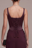 Corsé burdeos funda, vestido formal Maxi fruncido y cuello cuadrado con encaje