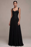 Vestido de Fiesta Largo Negro con Corsé, Escote Corazón, Corte en A y Encaje