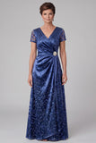Vestido de labejuelas de satén azul real con escote en V y escote en V bordado largo y arrugado de madre de la novia