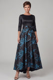 Vestido de madre de la novia con escote en línea A y mangas largas estampado en 3/4 de mangas en forma de marihua negra con lazo