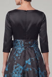 Vestido de madre de la novia con escote en línea A y mangas largas estampado en 3/4 de mangas en forma de marihua negra con lazo