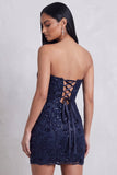 Vestido corto de cóctel de Corpins Bodycon Bordado Floral Sin tirantes Azul Marino
