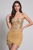 Corsé Dorado Bodycon Chiffon Vestido Corcho Corto Fruncido con Lentejuelas