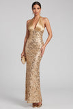 Vestido largo de noche sin espalda con lentejuelas dorado con tope de sirena dorada