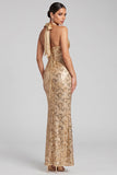 Vestido largo de noche sin espalda con lentejuelas dorado con tope de sirena dorada