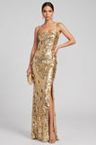 Vestido de Noche Maxi Dorado de Lentejuelas con Pañuelos Brillantes y Abertura Lateral