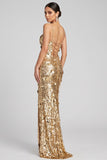 Vestido de Noche Maxi Dorado de Lentejuelas con Pañuelos Brillantes y Abertura Lateral