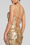 Vestido de Noche Maxi Dorado de Lentejuelas con Pañuelos Brillantes y Abertura Lateral