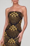 Vestido de noche Maxi de lentejuelas sin tirantes negro dorado con brillante y abalorios