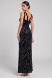 Vestido largo de noche de sirena negra con recorte en V y terciopelo de lentejuelas