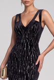 Vestido largo de noche de sirena negra con recorte en V y terciopelo de lentejuelas