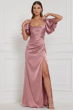 Vestido de dama de honor espresso con escote cuadrado y mangas acampanadas Maxi con abertura