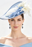 Sombrero fascinator de tela 3D de tela Sinamay Azul Blanco Sólido con Plumas