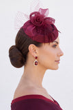 Sombrero fascinator con fieltro Borgoña Base 3D de flor de rosa crinolina Crinolina Loops Fascinator con plumas