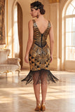Vestido midi de los años 20 con delincuencia verde oscuro con escote en V y flecos