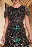 Vestido de los años 20 con flecos verde oscuro con cuello redondo y cuentas con flecos