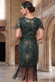 Vestido de los años 20 con flecos verde oscuro con cuello redondo y cuentas con flecos