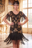 Vestido negro dorado de cuello redondo con lentejuelas de los años 20 y flecos