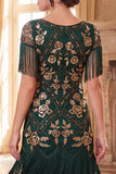 Vestido negro dorado de cuello redondo con lentejuelas de los años 20 y flecos