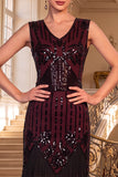 Vestido de flapper de los años 20 con escote en V y cuello en V negro