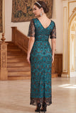 Vestido largo de los años 20 burdeos con escote en pico, mangas cortas transparentes, funda