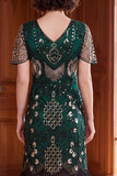 Vestido de albaricoque con escote en V y lentejuelas, funda de manga corta, vestido de los años 20 con flecos