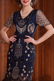 Vestido de albaricoque con escote en V y lentejuelas, funda de manga corta, vestido de los años 20 con flecos