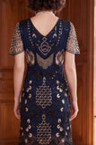 Vestido de albaricoque con escote en V y lentejuelas, funda de manga corta, vestido de los años 20 con flecos