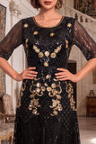 Vestido de flapper de los años 20 con bordado dorado negro de cuello redondo y lentejuelas de manga media