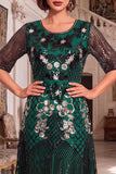 Vestido de flapper de los años 20 con bordado dorado negro de cuello redondo y lentejuelas de manga media