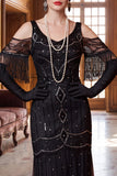 Vestido negro de hombros fríos, funda de cuentas con cuentas y tul, vestido de los años 20 con flecos
