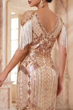 Vestido de flapper midi de los años 20 con flapper y aletas de albaricoque de escote en V