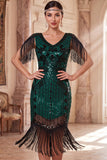 Vestido de flapper midi de los años 20 con flapper y aletas de albaricoque de escote en V