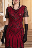 Vestido negro de los años 20 con flecos de manga corta y escote en V y lentejuelas