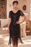 Vestido negro de los años 20 con flecos de manga corta y escote en V y lentejuelas