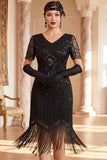 Vestido negro de los años 20 con flecos de manga corta y escote en V y lentejuelas