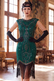 Vestido Flapper de los años 20 con flecos de cuello redondo verde oscuro con flecos