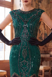 Vestido Flapper de los años 20 con flecos de cuello redondo verde oscuro con flecos