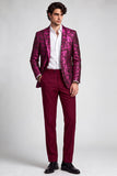 Trajes de baile de graduación de dos piezas con solapa de muesca fucsia con solapa estampada